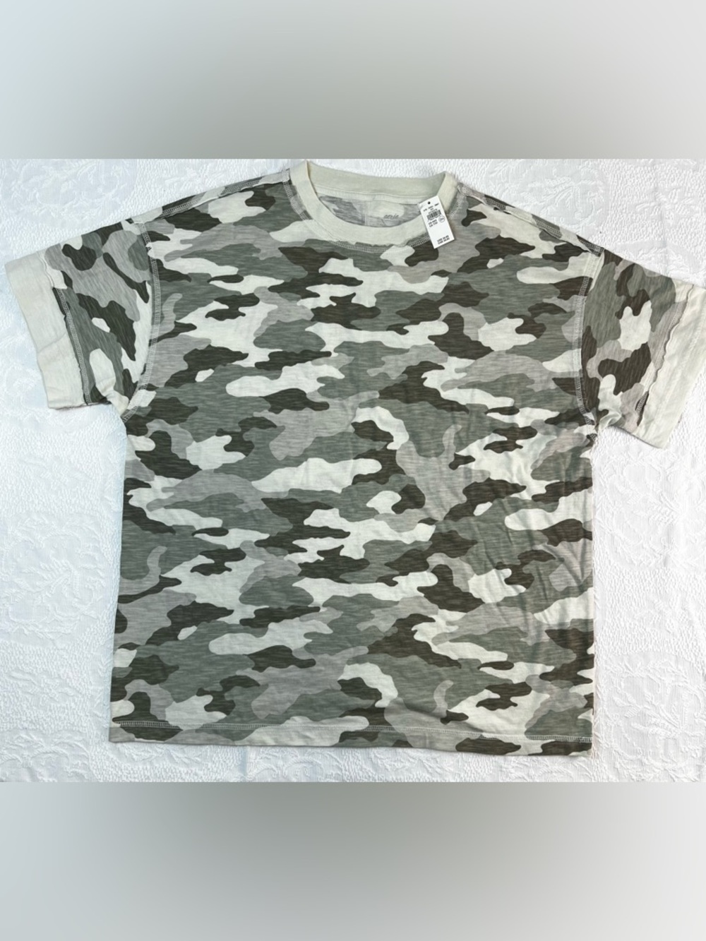 Aerie Gray & Olive Camouflage Crewneck Tee Sz.XSS Oversized NWT